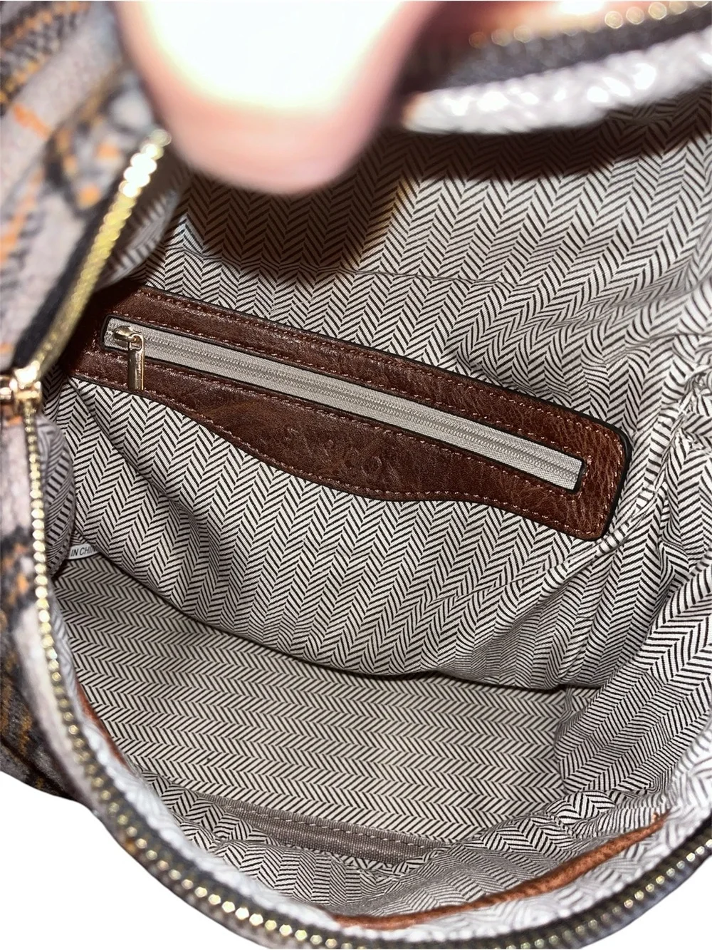 Plaid Wool Backpack with Brown Leather Straps - Beige and Orange